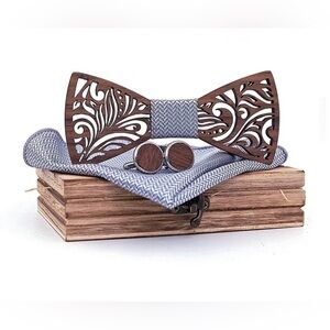 Elegant Wooden Bow Tie and Cufflinks and Handkerchief Set in Wooden Box